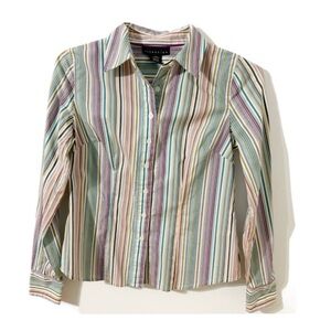 Attention Long Sleeve Button Front Pointed Collar Striped Shirt No Pockets